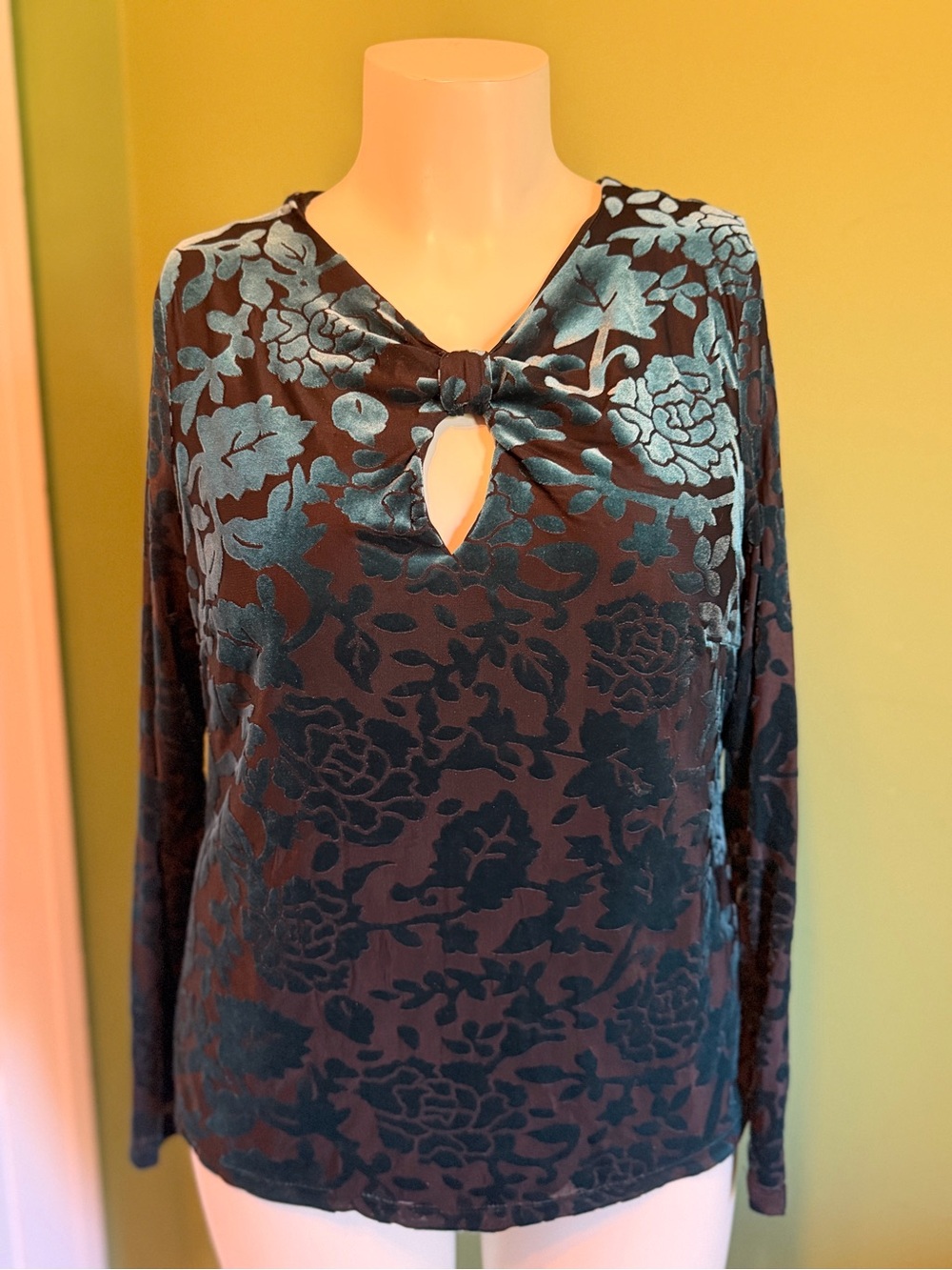 Melanie Lyne Velvet Burnout Floral Keyhole Long-Sleeve Top - Teal